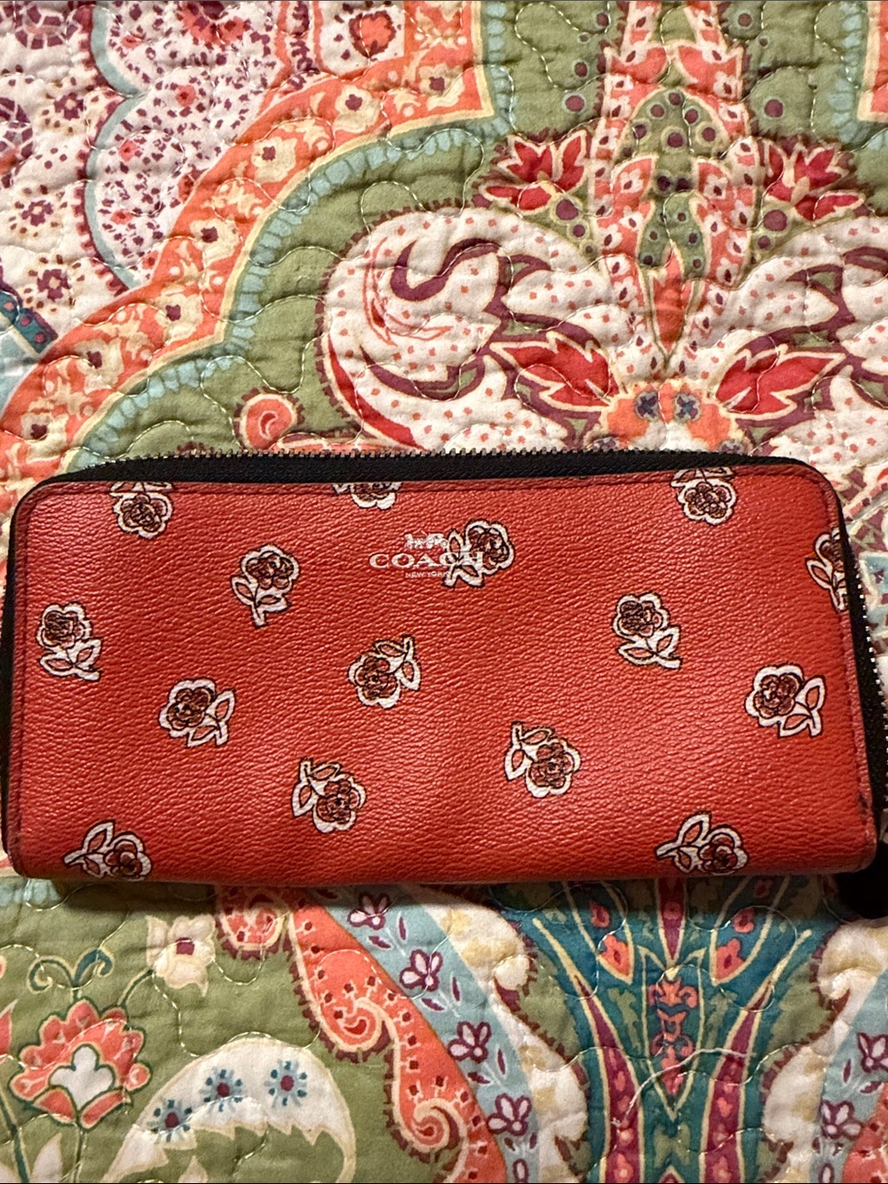 Coach Coral Red Floral Zip-Around Wallet